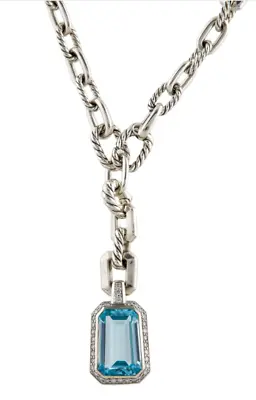 David Yurman Stax Blue Topaz And Pave Diamond Y Drop Pendant Necklace Sterling • $1329.99