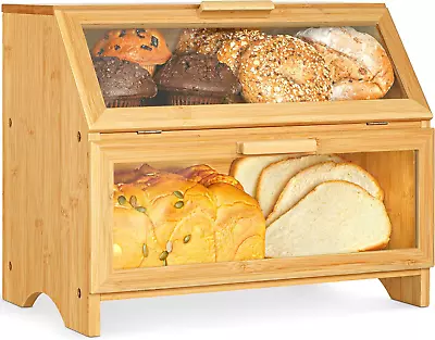 Double Layer Bamboo Bread Box For Kitchen Countertop Large Wooden Storage Box  • $42.47