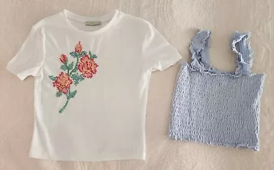 Zara White T Shirt Rose Embroidery And Blue Hollister Ruched Crop Top Lot Size S • $11