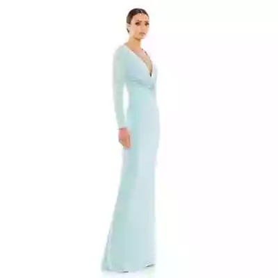 MAC DUGGAL Powder Blue LONG SLEEVE RUCHED JERSEY V-NECK GOWN SIZE 16 • $149