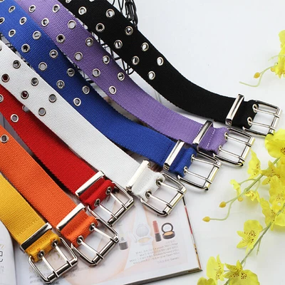 Women Studded Grommet Hole 2 Row Pin Buckle Canvas Nylon Belt Waistband Y • £6.08