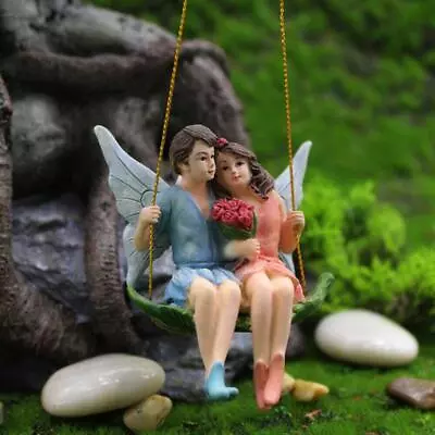 Miniature Fairy Garden Fairy Couple On Leaf Swing - Buy 3 Save $5 • $11.95