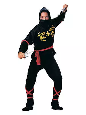 Ninja Costume Adults Mens Black Hooded Top Pants Face Mask Gold Dragons Red Ties • $48.85