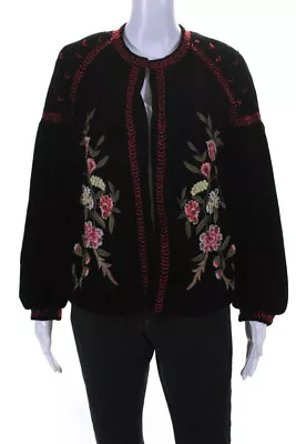 Zara Womens Embroidered Floral Velvet Puff Sleeve Open Front Jacket Black Small • $42.69