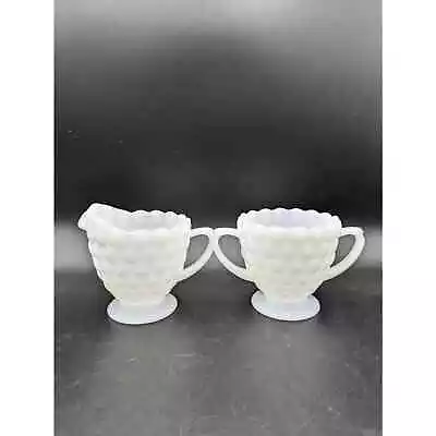 Vintage Milk Glass Hobnail Creamer And Sugar Bowl Set With Handles • $10.49