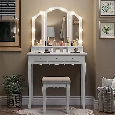 Makeup Vanity Desk Stool Set With LED Lights & Mirror Dressing Table 5 Drawers • $155.89