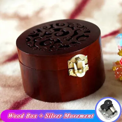 Vintage Wood Round Music Box Hollowing Out Jewelry Case Xmas Party Present Gift • £23.99