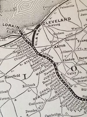 1895 Railroad Route Map CLEVELAND LORAIN & WHEELING RAILWAY Bridgeport Ohio • $11.95