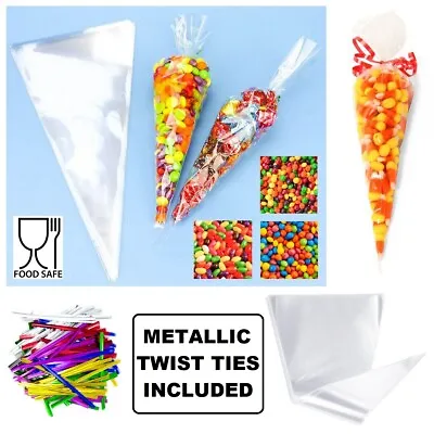Cellophane Cone Sweet Bags Clear Plastic Cello Small Large Party Gift Twist Ties • £3.79