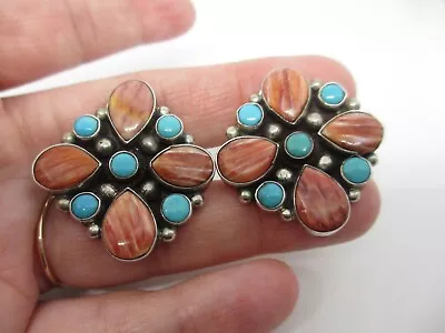 Beautiful Large Vtg Navajo Bal Sterling-spiny Oyster & Turquoise Earrings-no Res • $26