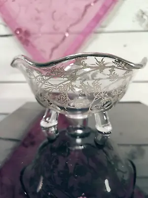 Vintage Three Footed Glass Candy Dish W/ Silver Floral Poppy Inlay • $6.29