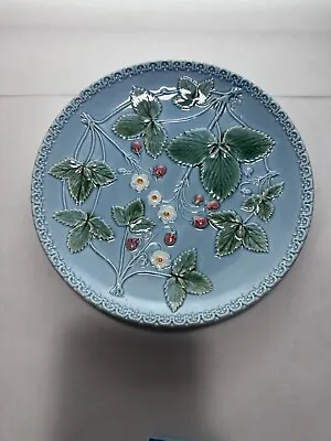 Vtg Majolica Art Pottery Plate 9.25”baby Blue With Strawberry By Zell #250 • $39