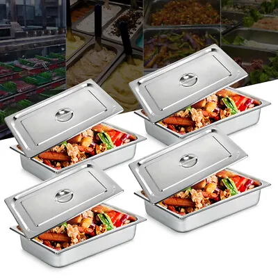 4 Pack 4  Deep Full Size Stainless Steel Steam Table Pans Hotel Food Prep W/Lids • $51.30