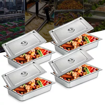 4 Pack 4 Deep Full Size Stainless Steam Table Pans W/ Lid Hotel Buffet Food Prep • $51.30