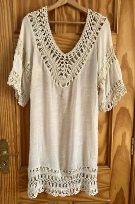 £13.95 • Buy Champagne Beige Crochet Knit Cover Up Kaftan Tunic Dress Sheer One Size 12-14-16