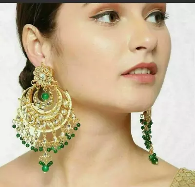 Indian Gold Plated Green Pearl Bollywood Kundan Earrings Women Pakistani Jewelry • $37.77