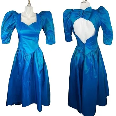 Vtg 90s Prom Dress Blue Teal Color Shift Taffeta Open Back Puff Sleeve XS/S • $99.99