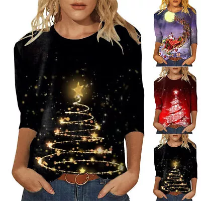 Womens Christmas Santa Claus Pullover Casual 3/4 Sleeve Tee Shirts Tops Blouse • $23.79