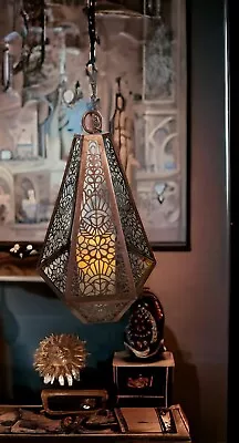 Vintage Hanging Large Candle Holder Lantern Metal & Glass Morrocan Style 16-24   • $42