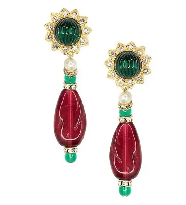 Kenneth Lane Couture Faux Emerald-Ruby-Diamond Jeweled Moghul Drop Clip Earrings • $134.99