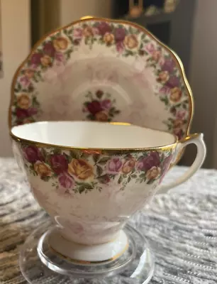 VINTAGE TEA CUP AND SAUCER ROYAL ALBERT PEACH DAMASK 1990s • $25