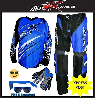BLUE BMX MX ATV MOTOCROSS (Pants+Jersey+Gloves) Kids Youth Junior Dirt Bike Gear • $95.99