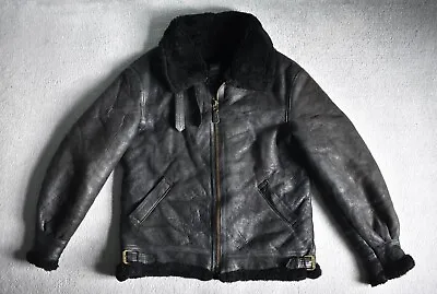 Vtg AVIREX USAAF Black Leather Sheepskin Type B-3 Aviator Bomber Coat Jacket 44 • £200