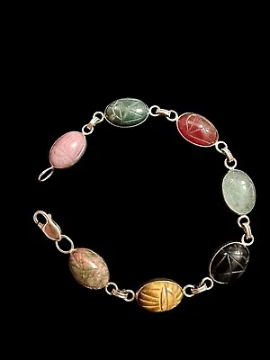 Vintage 14k Signed Van Dell 7.25” Genuine Stone Scarab Bracelet  • $397