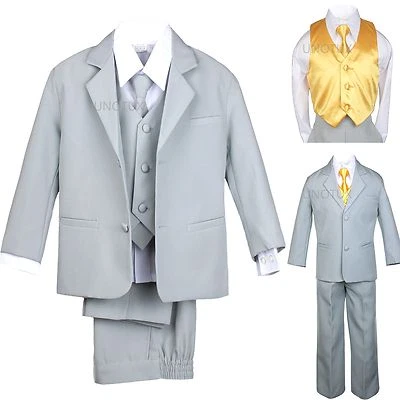 $57.97 • Buy 7pcs Baby Toddler Boys Kids Teen Wedding Formal Tuxedo Suits Light Gray Sz S-20