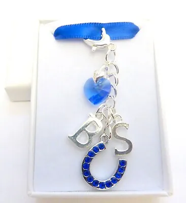 £7.25 • Buy Something Blue Lucky Horseshoe +Initials Bridal Charm Made With 10mm Blue Heart 