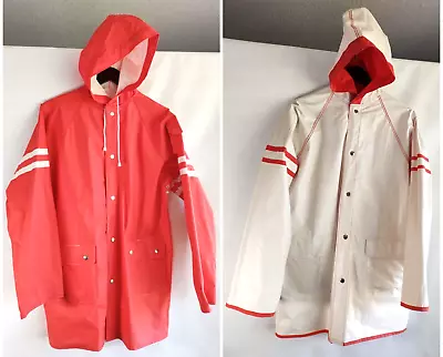 Vtg Women's SWANK 100% Vinyl Reversible Raincoat~Red & White~Hood & Pockets~ Med • $24.99