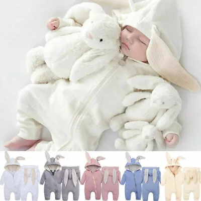 Baby Boy Girl Easter Rabbit Bunny Costumes Fleece Romper Ears Jumpsuit Clothes* • £11.17