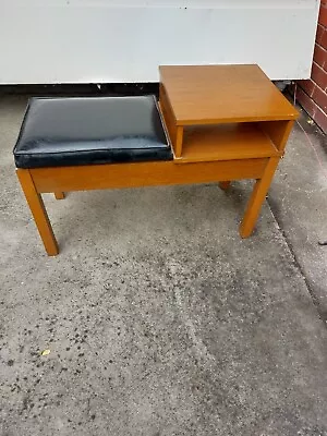 RETRO VINTAGE TELEPHONE TABLE  Teak L Wood And Vinyl Seat • $125