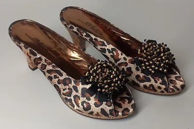 Midnight Velvet Womens 2.5 Cork Heels Shoes Black Leopard Print Beads Slip On 8M • $9.99