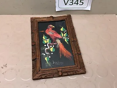Vintage Mexican Folk Art FeatherCraft? Bird Folk Art Picture Carved Wood Frame • $10.37