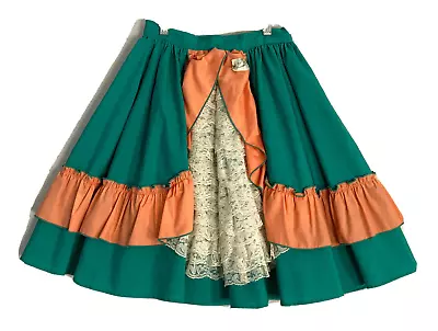 VTG Square Dance Skirt Teal Peach Orange Lace Tiered 60s 70s Size 6 24 X 21 • $45