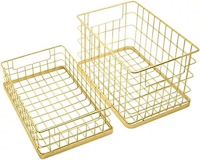 Set Of 2 Stackable 10  Metal Wire Storage Basket Bins With Handles (Gold Wide... • $54.71