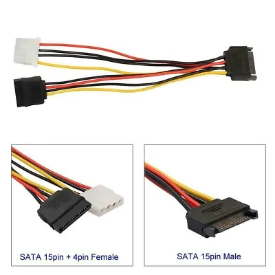 15 Pin SATA Male To 4 Pin IDE Molex Female + SATA Female Power Cable HDD DRIVE • £3.49