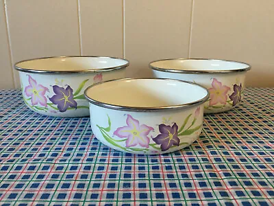 Set Of 3 Vintage Enamel Nesting Storage Bowls With Pink And Purple Lillies • $16