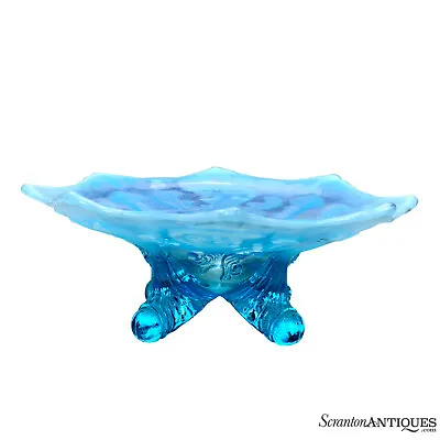 $55 • Buy Antique Victorian Dugan Blue Opalescent Glass Inverted Fan & Feather Footed Bowl