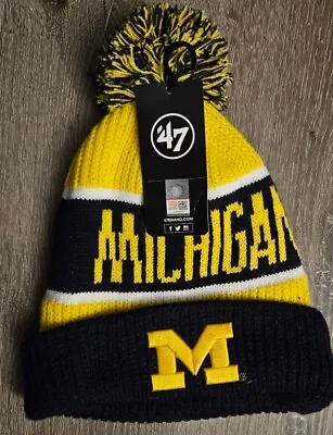 NWT Michigan Wolverines '47 Brand Winter Embroidered Pom Cuffed Knit Hat • $26.99