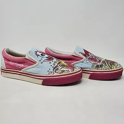 Don Ed Hardy Koi Fish Slip On Sneakers Light Blue Pink Womens Sz. 5 • $39