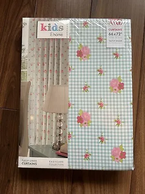 Catherine Lansfield Pink Blue Check Floral Tab Top Header Lined Curtains 66 X 72 • £14