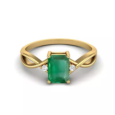 10k Yellow Gold 7x5 MM Octagon Shape Natural Emerald Three Stone Women Ring • $255.20