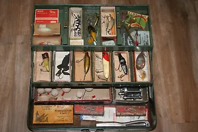 Vintage Metal Walton Tackle Box Full Of Old Lure With Boxes-Heddon-South Bend • $150