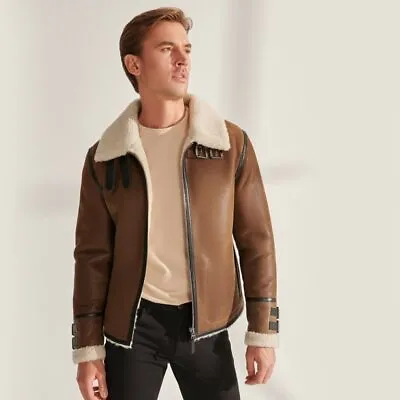 Men's Aviator Brown B3 Real Shearling Sheepskin Leather Bomber Flying Fur Jacket • $192.50