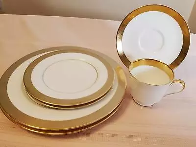 Mikasa Harrow Dinner Plate Salad Plate Cup Saucer Bone China Gold Band 6 Pcs • $60