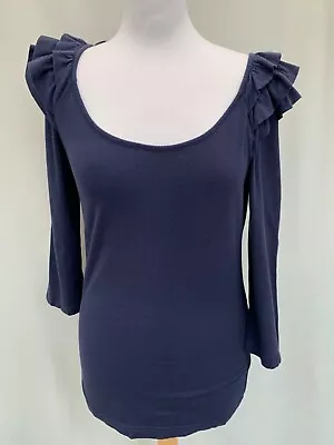 T-Shirt H&M Size M (10) Blue Cotton Blend Ruffles Round Neck Womens • £7.19