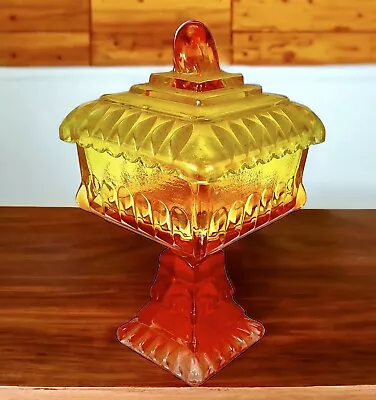 Vintage Jeanette Wedding Box  Amberina Red Yellow Square Pedestal Candy Dish 8  • $24.95