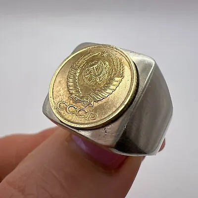 Vintage USSR Men's Jewelry Ring Sterling Silver 875 Russian Soviet Coin Size 9.5 • $85
